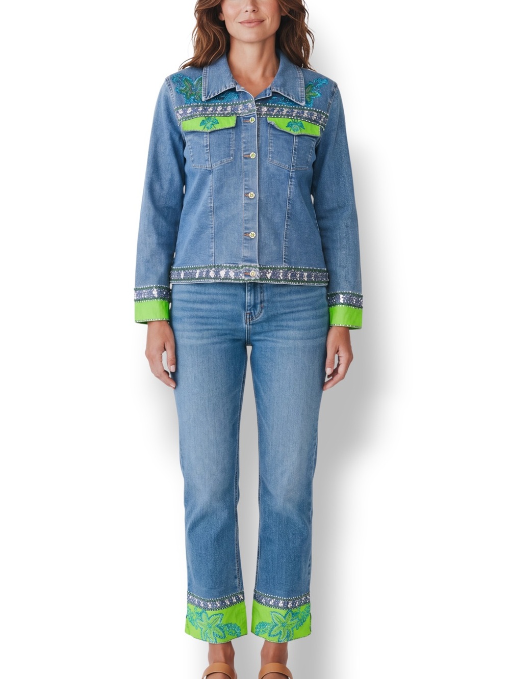 Haven Bleu Beaded Denim Jacket Capri Pants Set Lime Green L/12 Rhinestone